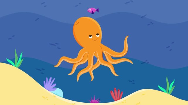 Cartoon Underwater Ocean Scene with Octopus, Fish, Sea Lion and Starfish, Cute Marine Animals in a Fun Blue Sea Vector Illustration for Children and Nature Design