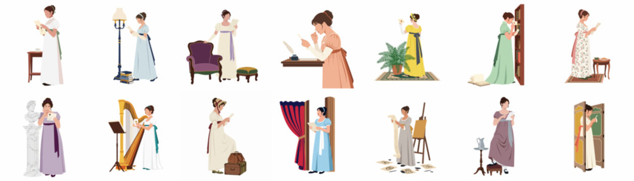 Set of Regency Era Woman Illustrations Engaged in Historical Domestic Activities Like Reading Painting Sewing and Playing Music
