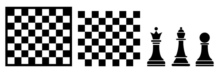 Obraz premium Chessboard and Chess Pieces Icon Set – Outline, Silhouette and Color Vector Collection