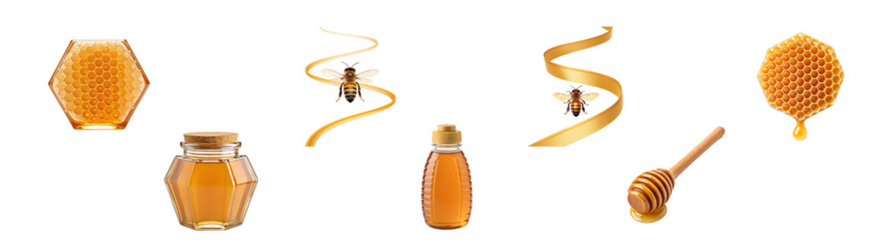 Honey bee and honeycomb collection with jars, bottle, dipper and ribbon. cutout for packaging branding labels and advertising