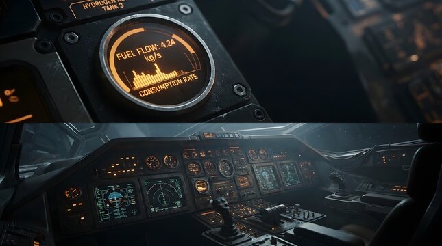 Close-up of a futuristic spaceship cockpit. Detailed control panels and screens glow.