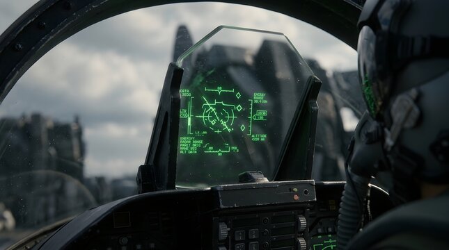 Pilot views a holographic targeting display. Aircraft HUD shows enemy targets.