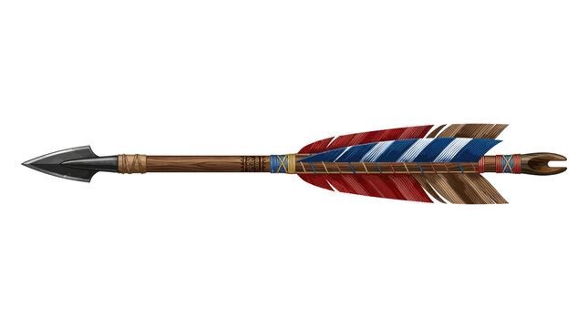 A detailed illustration of a traditional wooden arrow with colorful feathers isolated on white background.
