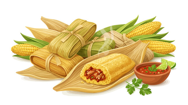 Delicious traditional Mexican tamales wrapped in corn husks with salsa and fresh corn on the cob.