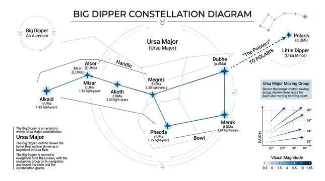 Educational diagram illustrating the Big Dipper constellation and its alignment with Polaris.