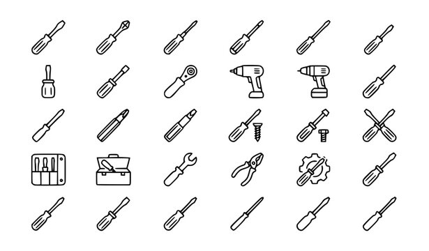 Premium screwdriver, tool, hardware, repair, equipment and maintenance line icons set