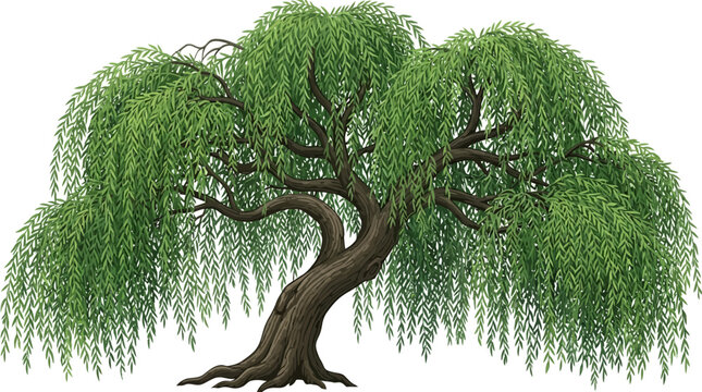 A beautiful weeping willow tree isolated on a white background.