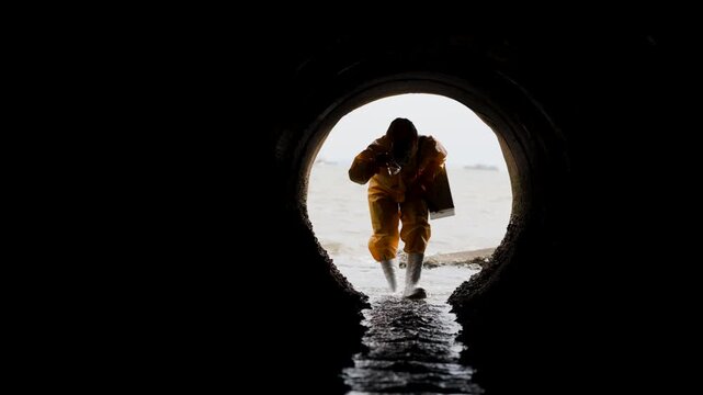 View from inside a dark drainage pipe of a waterproofed worker crouching in flowing water, inspecting the outfall toward open water, framed by the circular tunnel.