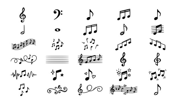 Premium hand drawn music notes, symbols, melody, audio, staff and sketchy elements set