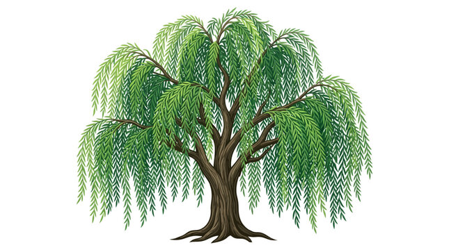A beautiful illustration of a large weeping willow tree with lush green foliage isolated on white background.
