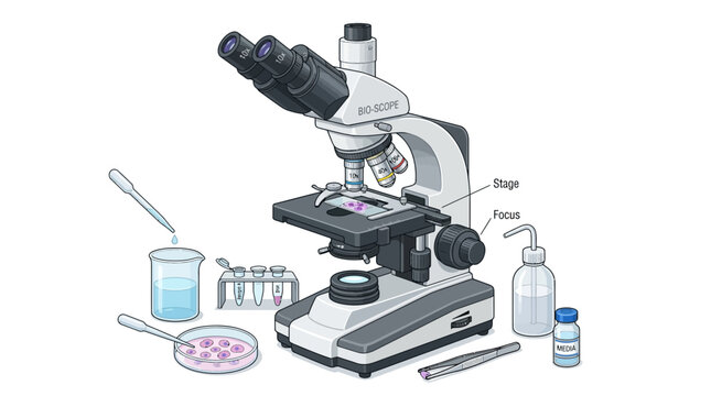 Professional laboratory microscope with various scientific equipment and glassware for biological research.