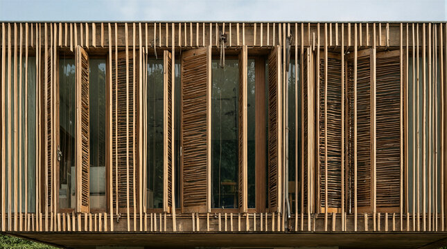 Architectural facade featuring vertical timber slats and operable louvered shutters revealing contemporary glass walls