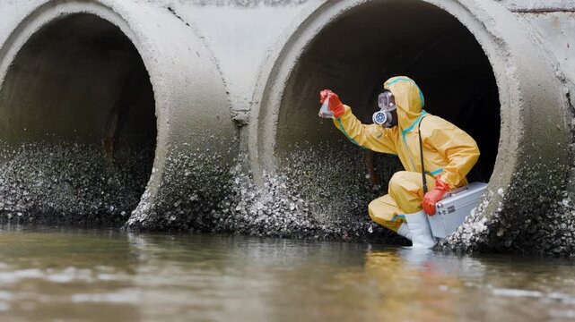 Scientist in yellow hazmat suit with respirator collects a water sample at a sewage outfall, testing polluted runoff near large concrete drainage pipes.