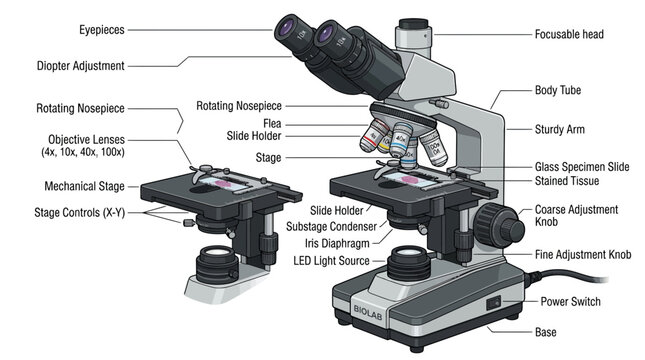 Educational diagram showing the anatomy and parts of a professional laboratory compound microscope.