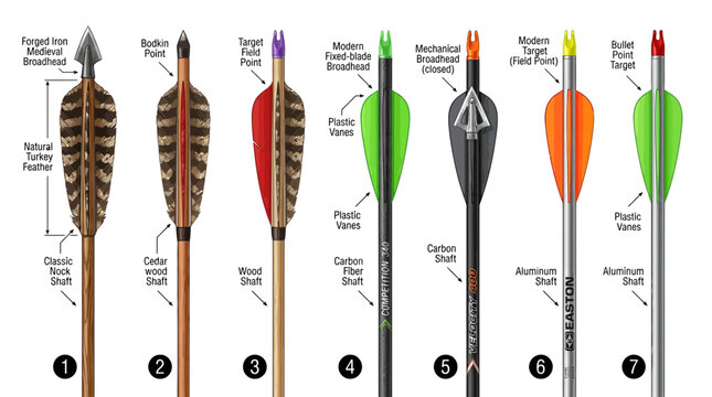 Educational diagram showing various types of archery arrows and their components.