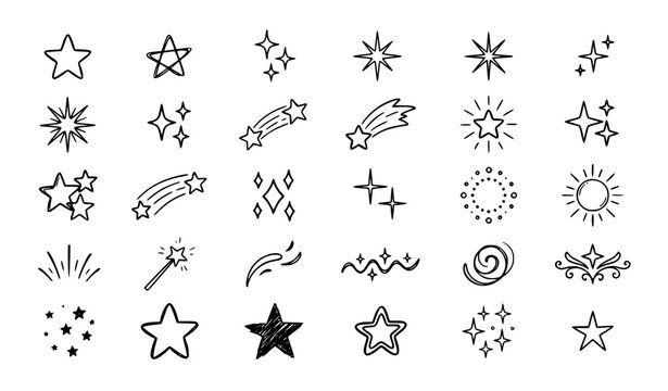 Premium hand drawn stars, sparkles, magic wand, shooting stars, glowing elements and doodles set
