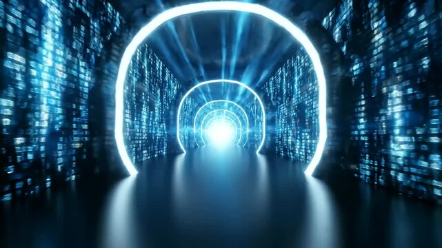 A futuristic tunnel glows with blue rings. Digital data streams line the walls.