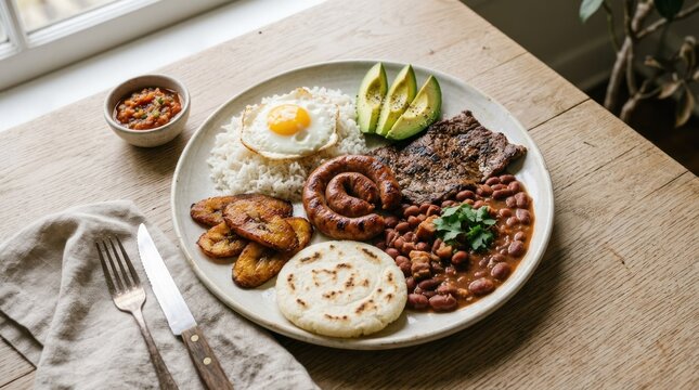 A plate of traditional Colombian food, including beans, rice, meat, and plantains.