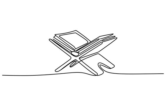 Continuous single line drawing of an open quran book resting on a wooden rehal stand Vector, illustration