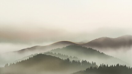 Fototapeta premium Minimalist Mountain Ridge Wallpaper with Metallic Gold Horizon Line, Foggy Pine Forest and Scandinavian Nature Aesthetic