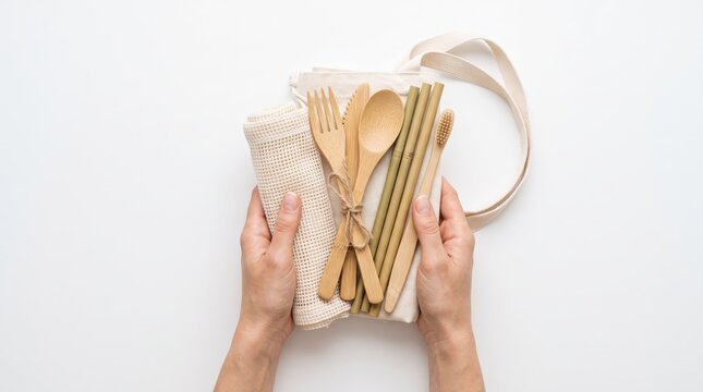 Top view of hands holding reusable bamboo cutlery set and cotton bag for zero waste lifestyle, sustainable living, plastic free alternative, eco friendly travel utensils