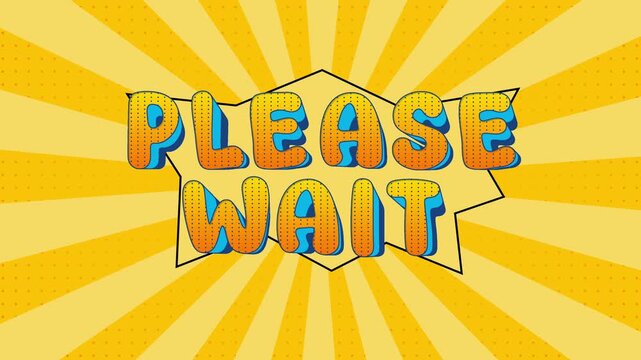 4K Please Wait Playful Cartoon Adventure with Sunburst Text Animation