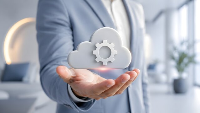 Businessman Presenting Clean Cloud Computing Icon With Gear In Modern Office