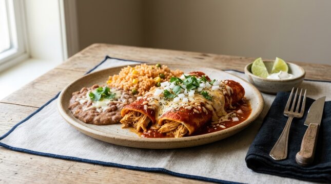 A plate of enchiladas with rice and beans on a wooden table with a blue and white napkin and silverware.