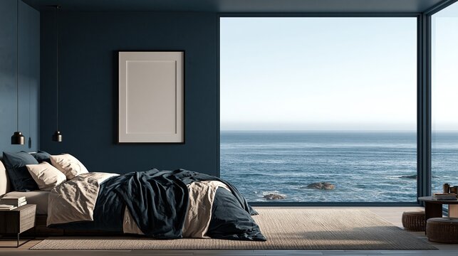 Modern dark blue bedroom with comfortable large bed and empty vertical poster frame overlooking calm ocean from big panoramic window luxury coastal interior design
