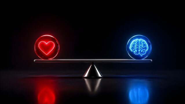 Neon Glowing Spheres Balancing Emotion Heart And Logic Brain On Seesaw