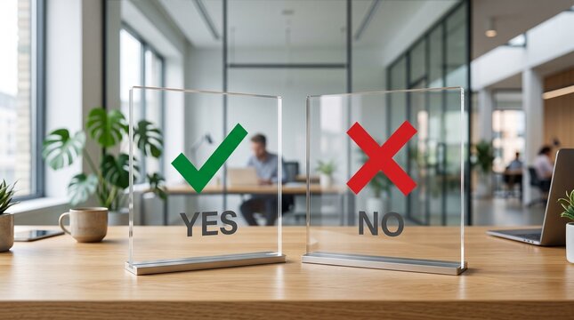 Acrylic yes and no signs with checkmark and cross, feedback symbols on office desk, corporate decision making and approval concept