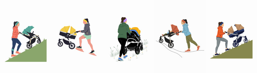 Fototapeta premium Flat design illustration set featuring mothers pushing baby strollers uphill on different inclines, depicting an active lifestyle and postpartum fitness.
