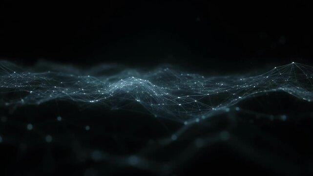 Abstract digital wave network with glowing nodes and connecting lines on black