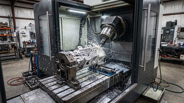 CNC milling machine cutting metal engine block in workshop.