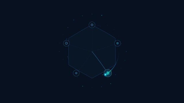 Rotating digital pentagon interface elements feature glowing connection nodes that cycle through holographic data points in this smooth motion animation video