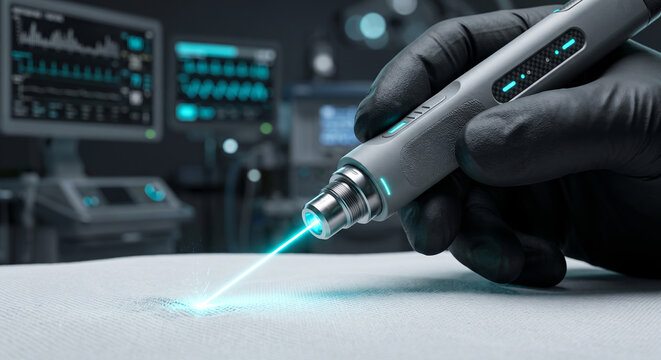 Precision laser surgical tool with glowing blue beam for accurate skin cauterization.