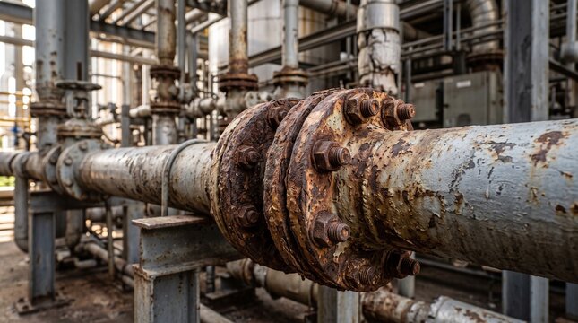 Rusty industrial pipes with bolted flange in chemical plant.