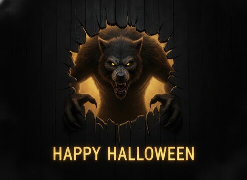 Pixel art angry wolf head with glowing eyes and happy halloween text on dark background
