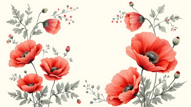 Watercolor red poppies and gray-green leaves forming an elegant botanical border