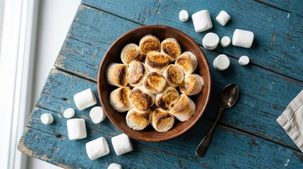 Fototapeta premium Bowl of golden toasted marshmallows on blue rustic wooden table with white marshmallows