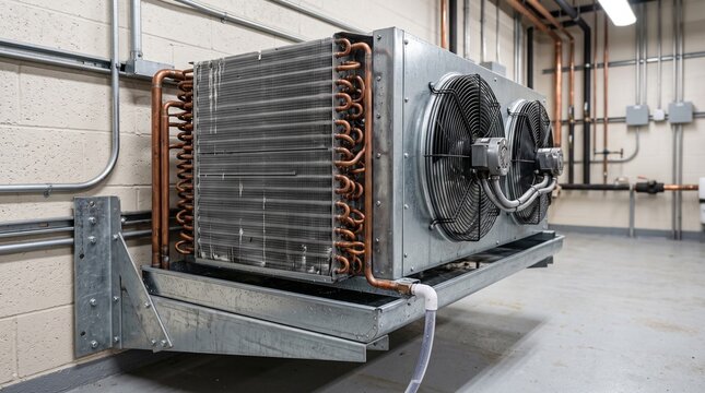 Industrial HVAC condenser unit mounted on brick wall interior.