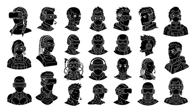 Vr Headset Users Set, Diverse Avatars with Futuristic Headsets. Gaming, Metaverse, Virtual Reality Concept Illustration