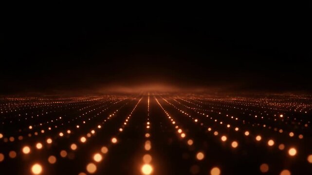 Abstract grid of glowing orange lights receding into dark background