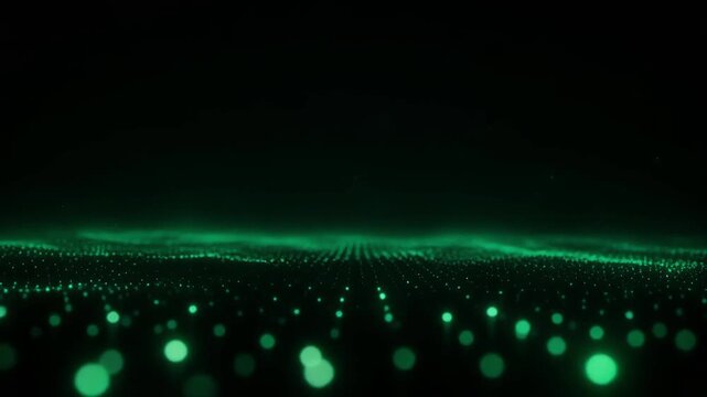 Abstract glowing green light particles forming a wave-like pattern in darkness