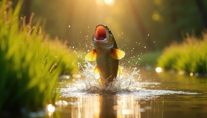 Fototapeta premium Large trout fish leaps from river water with open mouth. Bright sunny day creates golden light around splash drops. Green grass vegetation surrounds fresh lake shore. Action wildlife scene shows