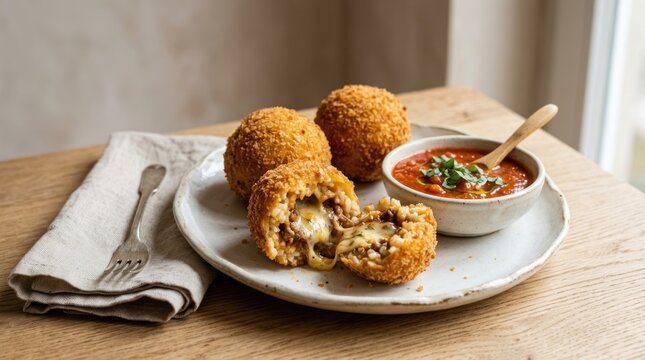 Three arancini balls on a rustic wooden table with a bowl of tomato sauce and a fork.