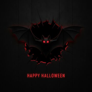 Happy halloween greeting card with a dark bat silhouette and glowing red eyes in the night