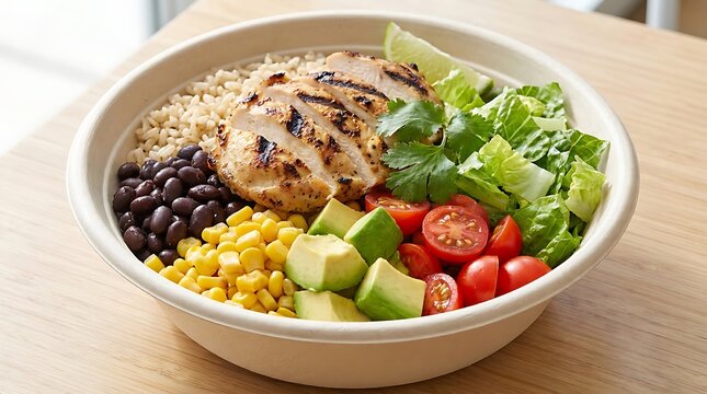Healthy salad bowl with chicken breast black beans sweet corn fresh avocado and cherry tomatoes on table. mexican takeout