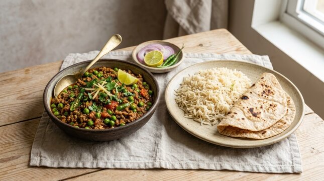 A wooden table with a bowl of lentil curry and a plate of rice and roti.
