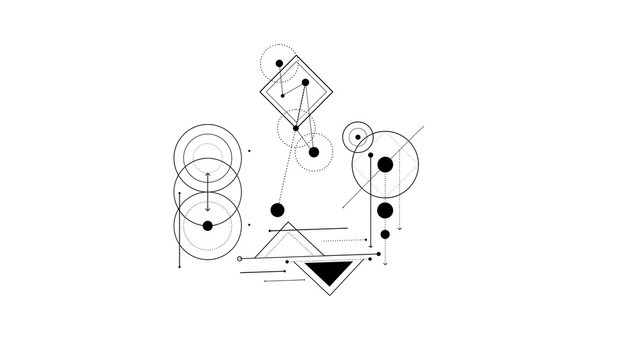 Playful minimalist illustration featuring cute abstract shapes and character-like elements in a clean monochrome composition.